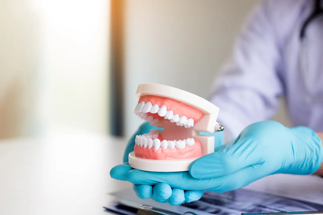A clinician holding a full denture model
